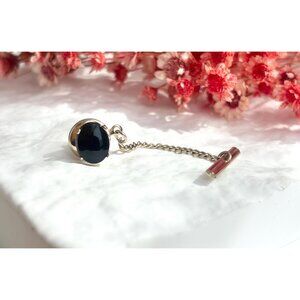 Faux Black Onyx Stone Silver Toned Vintage Men's Tie Tack